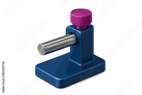 Precision mechanical component featuring blue base, silver rod, and magenta adjustment knob