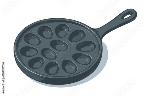 Dark gray cast iron cooking pan with twelve round indentations for baking or preparing appetizers