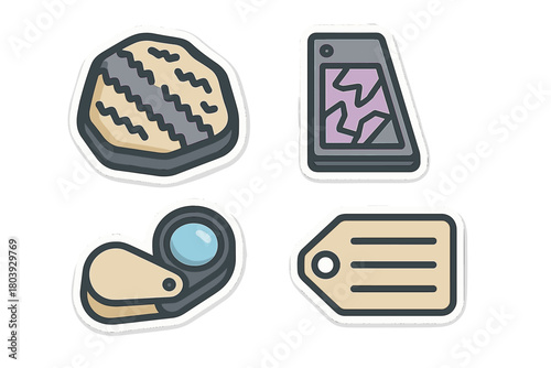 Sticker set of geology rock, broken phone, magnifying glass, and price tag