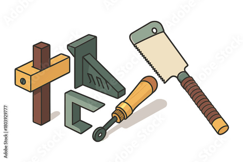 Essential woodworking tools including hand saw, clamps, and marking gauge