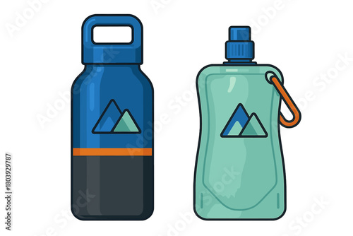 Colorful reusable hydration bottles: hard plastic container and soft collapsible flask