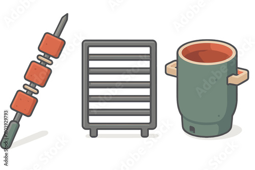 Essential barbecue cooking equipment set featuring a skewer, metal grate, and large pot