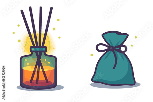 Aromatherapy reed diffuser bottle and scented sachet pouch for home fragrance