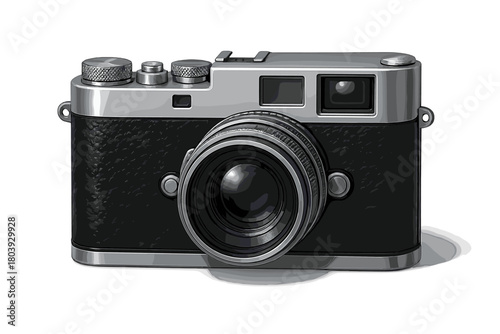 Vintage style rangefinder camera with black leather texture and silver metal details