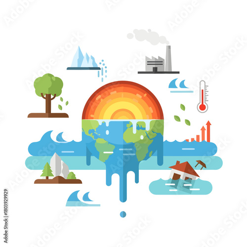 Illustration depicting the devastating effects of climate change on Earth, including melting ice caps, rising sea levels, and industrial pollution.