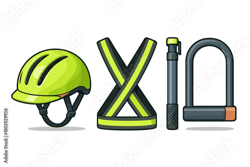 Bright yellow cycling helmet, reflective safety harness, and heavy duty U-lock for bike security