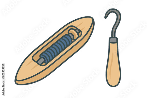 Traditional wooden weaving shuttle with thread bobbin and a separate hook tool for textile production