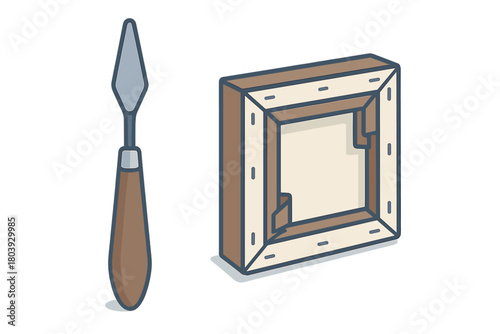 Palette knife and blank stretched canvas for painting isolated on white background