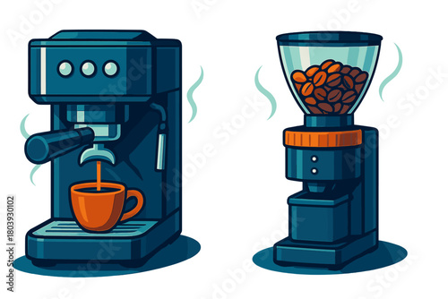 Professional espresso machine brewing fresh coffee next to a bean grinder and cup