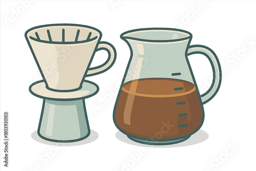 Pour-over coffee brewing setup with dripper cone and glass carafe with fresh hot beverage