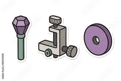 Collection of stylized mechanical parts, grinding wheel, clamp, and purple crystal