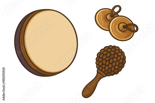 Traditional percussion instruments set with a hand drum, small cymbals, and a textured shaker