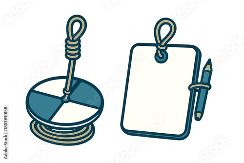 Stylized fishing gear set including hand line spool and blank notepad with pencil