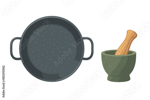 Traditional cooking tools including a large frying pan and a stone mortar with wooden pestle