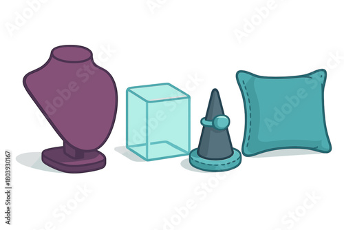 Jewelry display accessories set with necklace bust, ring stand, clear box, and cushion