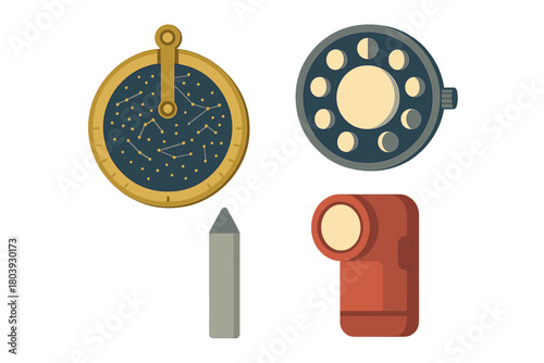Set of astronomical and exploration instruments including constellation map and moon phases dial