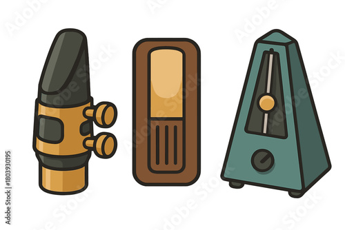 Classic mechanical metronome, electronic tuner, and saxophone mouthpiece musical accessories