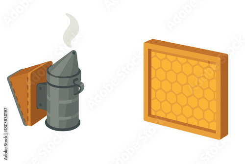 Metal bee smoker emitting smoke next to a wooden frame of honeycomb, essential apiculture equipment