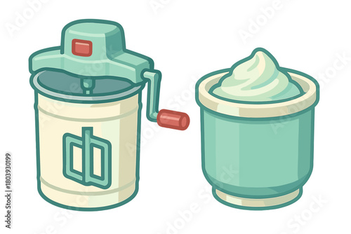 Vintage hand-crank ice cream maker and container of freshly churned frozen dessert