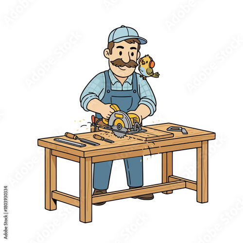 A cheerful handyman character diligently saws a wooden plank on his sturdy workbench, accompanied by a small friendly bird, illustrating the joy of woodworking and creative craftsmanship