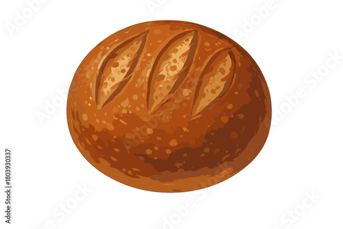 Round loaf of rustic artisan bread with baked golden brown scored crust