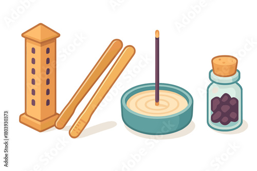 Incense accessories set featuring a tower holder, burning stick in a bowl, and jar of aromatic resins