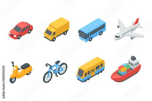 Isometric collection of passenger and cargo transport vehicles for modern logistics and mobility