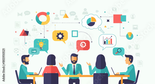 A diverse team of professionals collaborates around a table, brainstorming ideas with visual aids and charts.