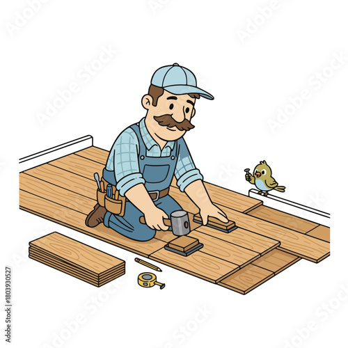Cartoon carpenter installing new wooden laminate flooring with hand tools, a man working on home renovation, laying hardwood planks, vector illustration