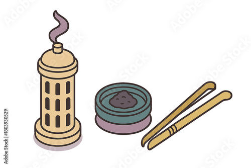 Traditional incense burner, powder dish, and tongs set in isometric style