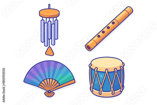 Set of traditional Asian cultural objects: wind chime, bamboo flute, folding fan, and drum