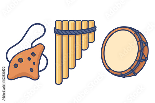 Set of traditional folk musical instruments including ocarina, panpipes, and frame drum