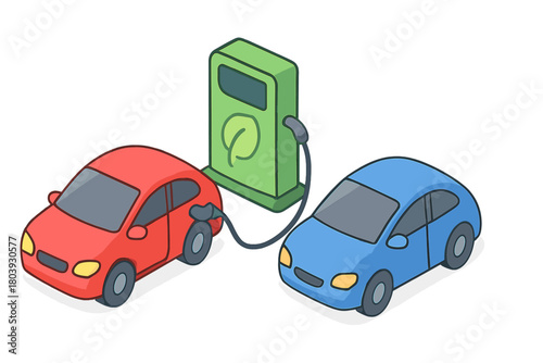 Electric cars charging at a green energy station in isometric perspective