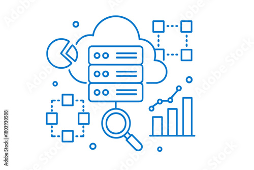 Conceptual diagram of cloud computing infrastructure, data storage, and network analysis