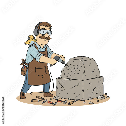 Cartoon Man Sculptor Carving Stone Block with Power Tool, Assisted by a Bird, Showcasing Artistic Craftsmanship and Manual Skill with Traditional Chisels and Safety Gear