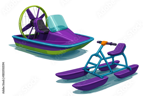 Brightly colored airboat and water ski bike set for summer water sports and recreation