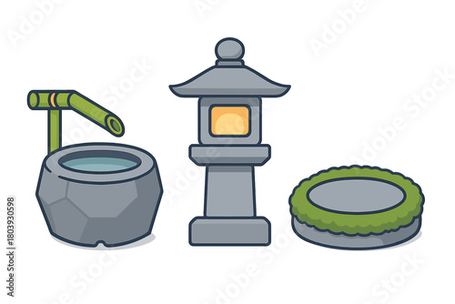 Traditional Japanese garden set with stone lantern, tsukubai water basin, and mossy rock