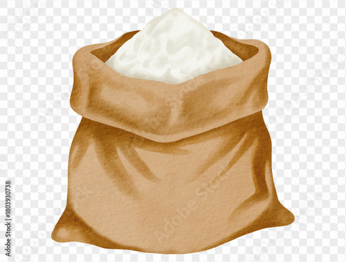 Watercolor flour sack illustration for autumn baking ingredients and Thanksgiving kitchen design. Vector.