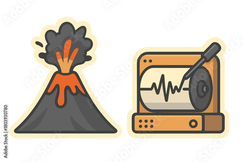 Volcano eruption and seismograph recording seismic activity for disaster monitoring