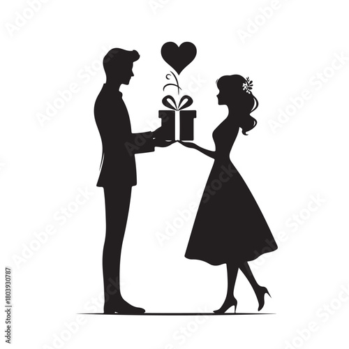 Couple exchanging a gift silhouette