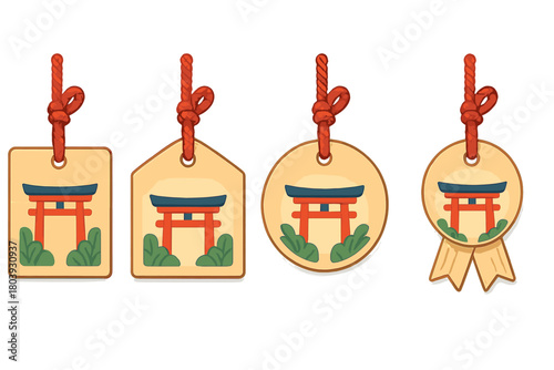 Traditional Japanese Ema wooden prayer plaques with red Torii gate design