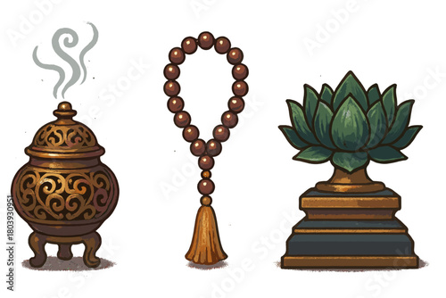 Spiritual objects set: ornate incense burner, wooden mala prayer beads, and lotus flower statue
