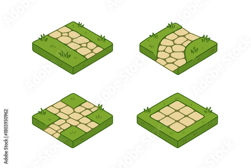Isometric stone path tiles set for game design including straight, curved, and intersection pieces