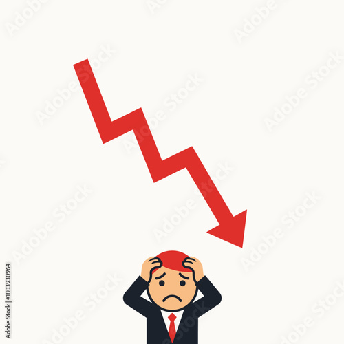 A stressed businessman clutches his head as a red downward trending arrow indicates financial loss.