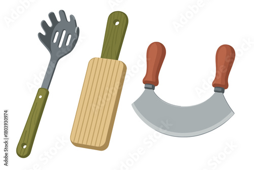 Set of cooking tools including pasta server, wooden gnocchi paddle, and herb chopper