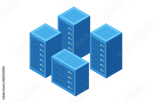 Cluster of blue isometric server racks symbolizing data storage and network infrastructure