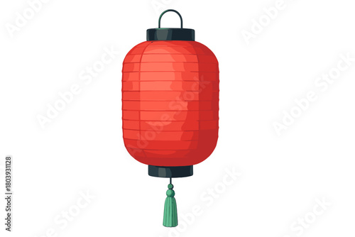 Red oriental paper lantern decoration with green tassel and black handle