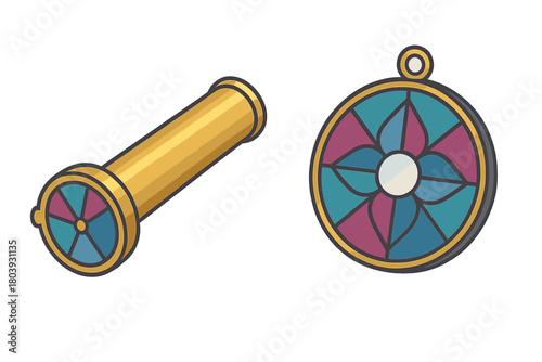 Golden spyglass and round medallion with colorful geometric stained glass patterns