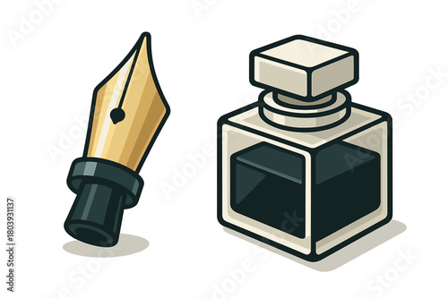 Golden fountain pen nib and square ink bottle representing traditional writing instruments