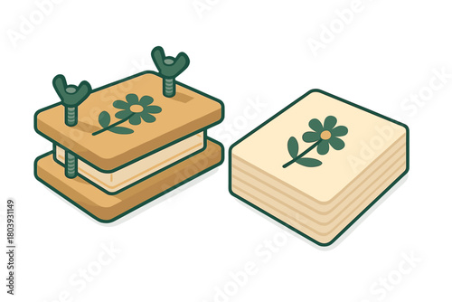 Isometric wooden flower press and stack of pressed herbarium papers for botany craft